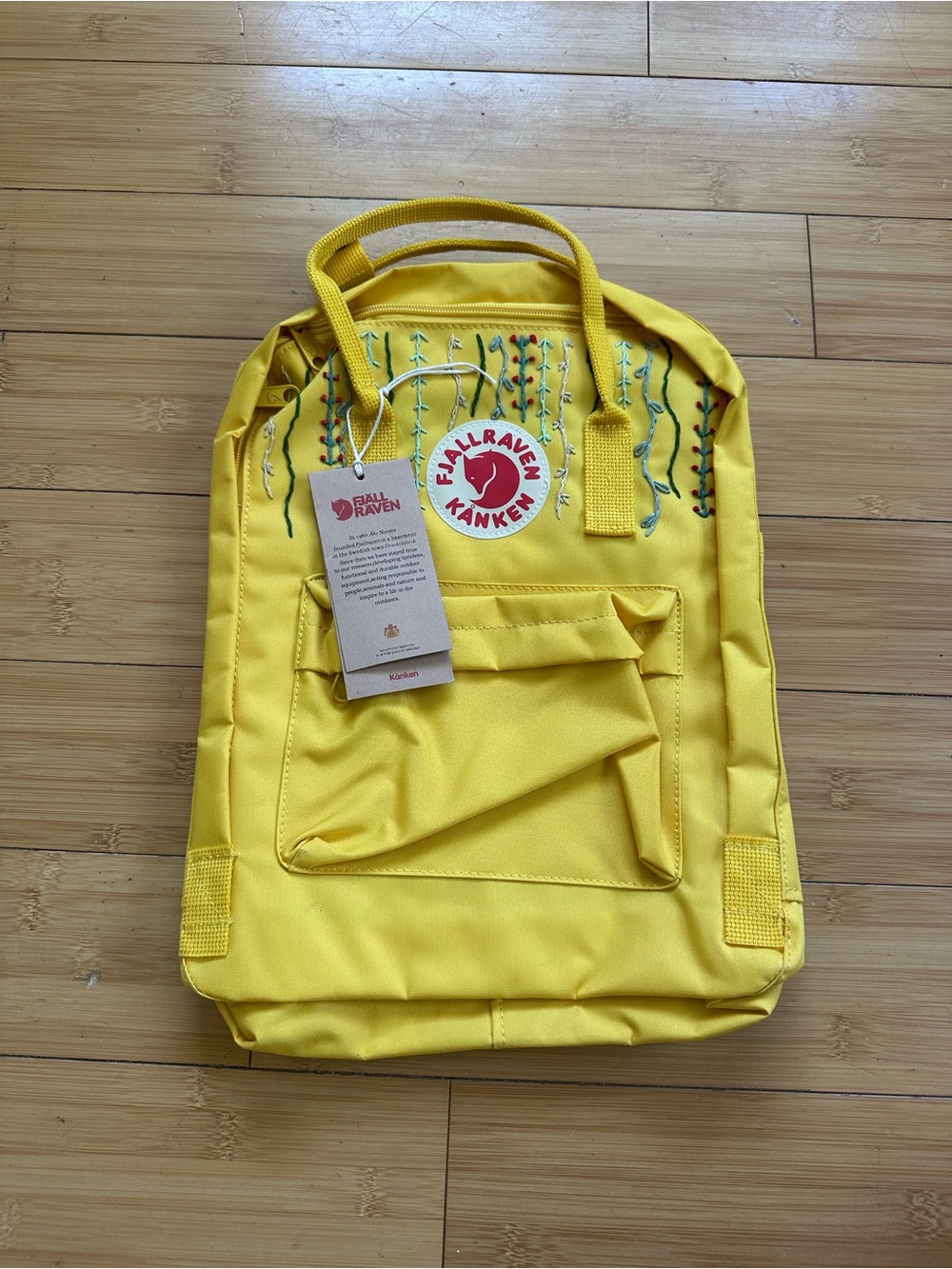 Fjallraven Kanken Bright Yellow Backpack with Embroidered Floral Accents